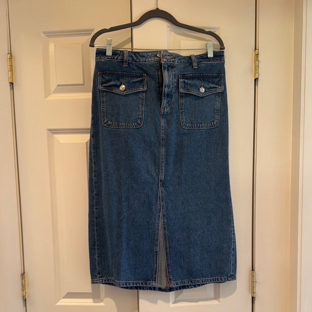 Denim Midi Skirt with Front Slit